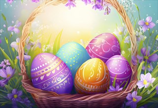 Abstract illustration of of vibrant-colored Easter eggs in a wicker basket, surrounded by delicate