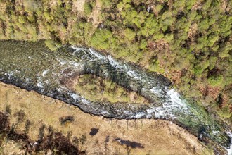 Aerial view of a small island in a river, Myrkdalen, at road RV 13 Vinje, Vik, Norway, Europe