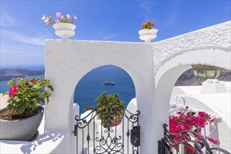 Greece Islands, scenic panoramic sea views of Santorini island from top outlook of Fira village