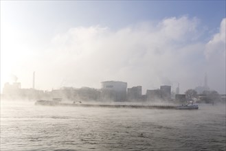 BASF plant site on the banks of the Rhine, chemical company, cargo ship, foggy mood, Ludwigshafen,