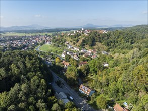 Aerial view of the town of Aach in Hegau, on the right the Aachtopf, Aachquelle, source of the