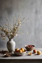 Still life scene of a simple wooden table with a vase of dried flowers, a few ceramic bowls, and