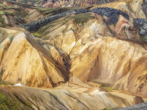 Colorful rhyolite mountains, lava field below mt. Brennisteinsalda, Landmannalaugar, Fjallabak