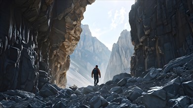 Man hiking across a rugged mountain landscape, AI generated