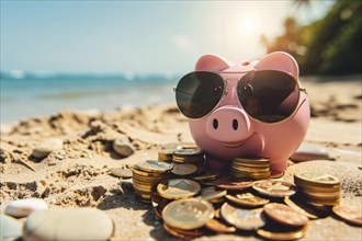 Piggy bank with coins on sunny beach. Generative ai, AI generated