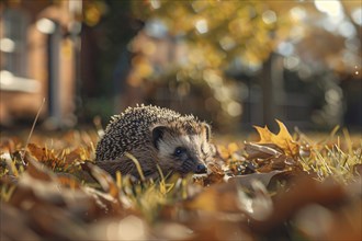 Single hedgehog in garden with autumn leaves. Generative Ai, AI generated