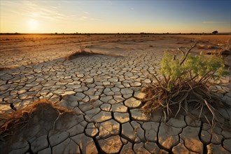 Desolate agricultural farmland with dried crops in sunrise, AI generated