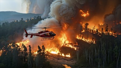 Firefighter helicopter combating forest fire dispersing water over the inferno, AI generated