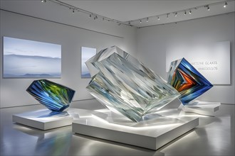 Reflective glass sculptures in abstract forms, AI generated