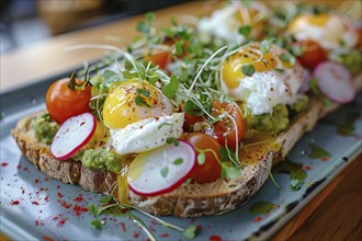 Avocado toast topped with poached eggs, cherry tomatoes, radish slices and microgreens. Generative