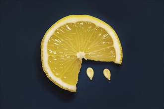 Lemon slice and seeds on dark background. Generative Ai, AI generated