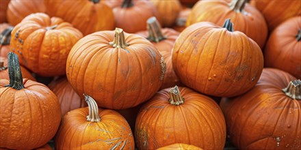 Banner with orange pumpkins at farmer's market. Generative Ai, AI generated