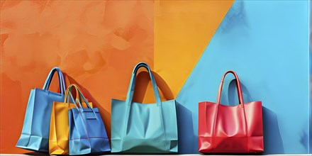 Assorted vibrant shopping bags lined up in front of a colored background, AI generated