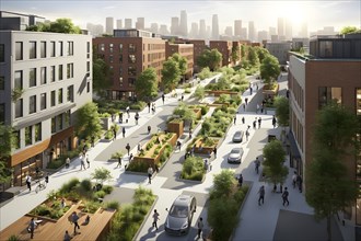 3d model render showcasing an urban neighborhood boasting ecological zero waste infrastructure with