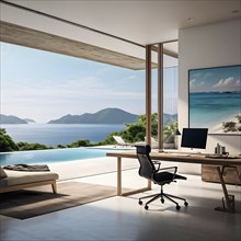 Remote working place in a modern villa with a beauty sea surrounding, AI generated