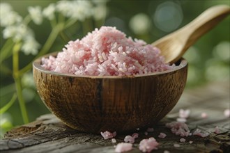 Pink lab-made meat-rice hybrid in bowl. KI generiert, generiert, AI generated