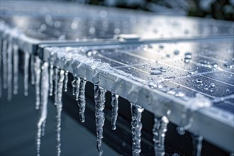 Close up of frozen photovoltaic solar panel covered in ice. KI generiert, generiert, AI generated