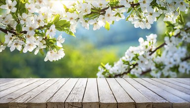 Spring nature background with blossoming flowers and rustic wooden table, AI generated