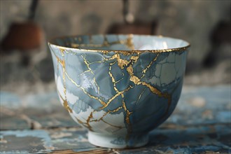 Japanese Kintsugi bowl with ceramic repair technique that uses lacquer mixed with powdered gold. KI