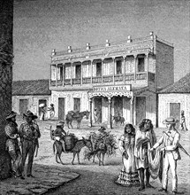 In front of the German pharmacy for the coffee merchants in Maracaibo, today Venezuela, in 1875,