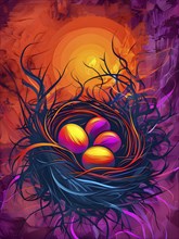 Abstract interpretation of a birds nest with exaggerated, swirling twigs and glowing, vibrant eggs,