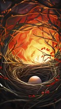 Abstract interpretation of a birds nest with exaggerated, swirling twigs and glowing, vibrant eggs,