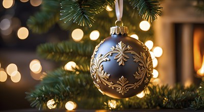 Christmas ornament hanging on a tree, with reflections of twinkling lights and fireplace flames