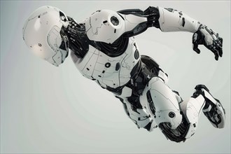 Futuristic humanoid cyborg jumping in front of a white background, AI generated