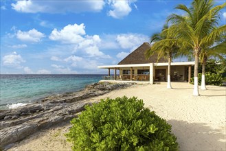 Mexico, Cozumel beach cafes and restaurants with scenic ocean views and national food and drinks,