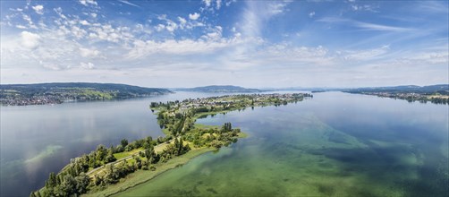 Aerial view, panorama of the island of Reichenau in Lake Constance on the horizon on the left the