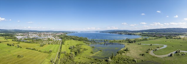 Aerial view, panorama of the Radolfzell Aachried at high water with the Mooser Damm, which connects