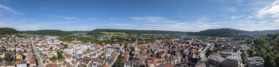 Aerial view, panorama of the city centre of Tuttlingen with the Protestant church of St. Peter and