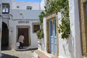 Historic buildings with wooden doors and plants in a sunny Mediterranean village, Chora, main town