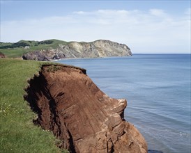 Eroded cliffs at Anse a Firmin, Havre-aux-Maisons, Magdalen Islands, Quebec, Canada, North America