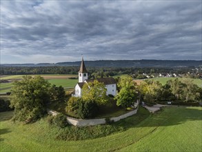 Aerial view of the Romanesque mountain church of St Michael near Büsingen am Hochrhein, district of