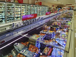 Frozen goods in a supermarket aisle, Neuernurg, Rhineland-Palatinate, Germany, Europe