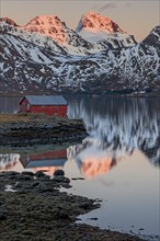 Steep mountains reflected in fjord, evening light, snowy, winter, red house, Moskenesoya, Lofoten,