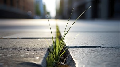 A single blade of grass pushing through a crack in a concrete sidewalk, representing the simplicity