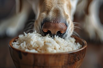 Close up of dog's nose sniffing at bowl with rice. Generative Ai, AI generated