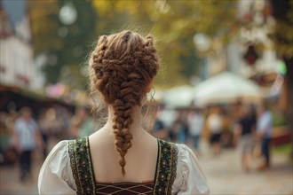 Back view of woman in traditional Dirnd dress with plaited hair in street. Generative Ai, AI