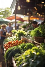 Fresh vibrant organic fruits and vegetables at a bustling farmers market, AI generated