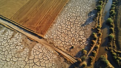 Desolate agricultural farmland with dried crops in sunrise, AI generated