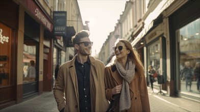 Happy young adult couple walk along the streets of europe, generatvie AI, AI generated