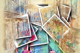 Venice memories, collage of scenic Venice canals near landmark Rialto bridge