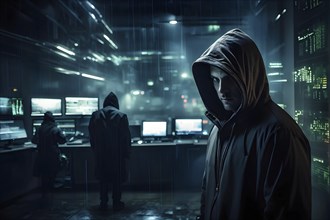 AI generated hooded man in a digital room symbolizing cyber criminality