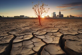 Drought climate change ecology solitude concept, dry dead tree in desert with a dry, cracked ground