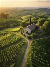 AI generated aerial view of a rustic vineyard cottage nestled amidst lush summer colored vine