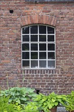 Brick wall with arched window, stable window and lush green plants in front, North