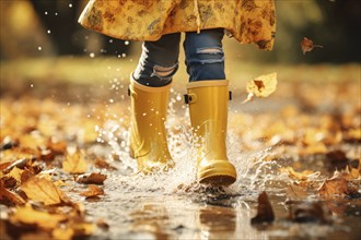 Girl child in yellow rubber boots running through puddle in autumn. KI generiert, generiert, AI