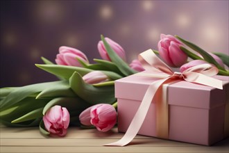 Gift Box with Pink Ribbon Beside bouquet of Fresh Tulips on Bokeh Background. Good for Valentine